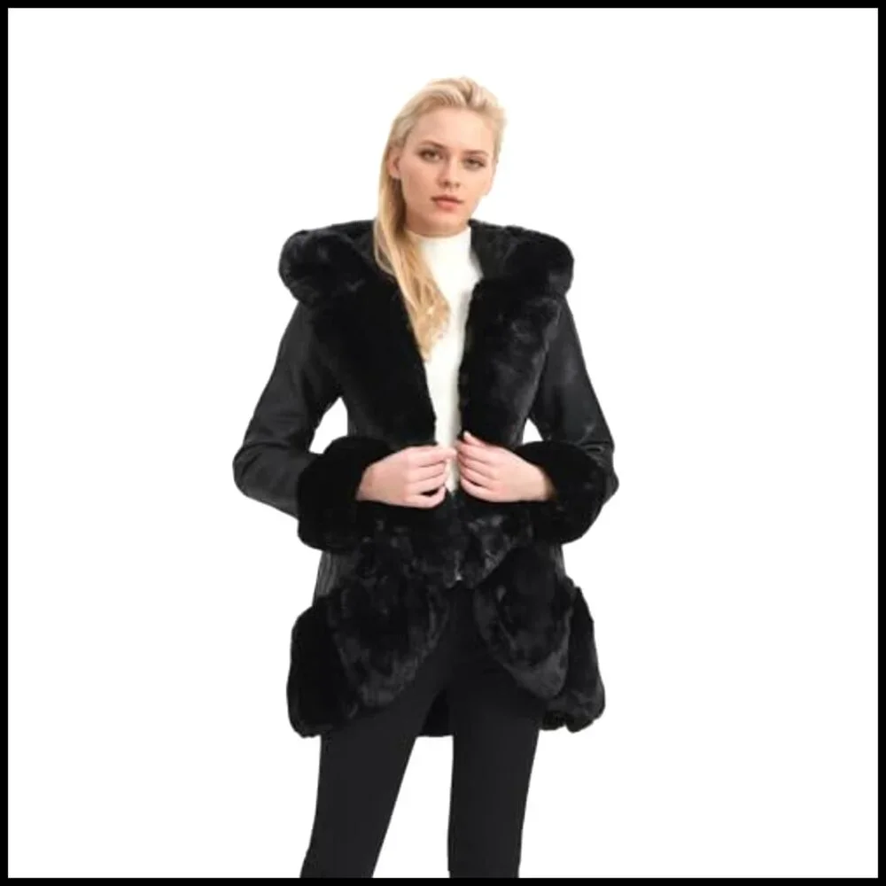 Faux Leather Coat with Faux Fur Collar Slim Fit Belted Mid Length Hooded Jacket - Picture 2 of 6